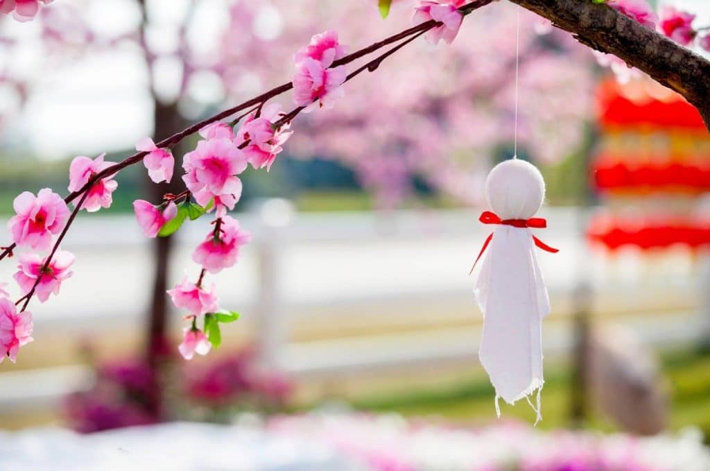 teru teru bozu accroché sur une branche de cerisier